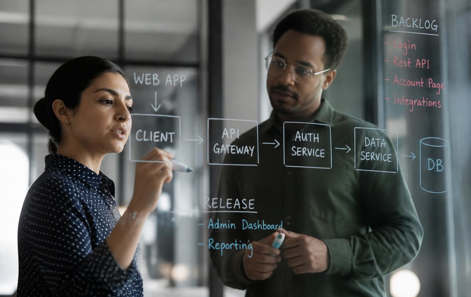 Colleagues working through a go-to-market plan on a glass wall in a modern office